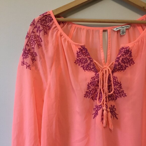 American Eagle Sheer Neon Orange Pink Bohemian Blouse - Picture 5 of 14